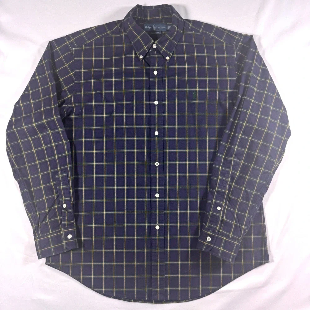 Ralph Lauren Classic Fit Flannel Button Down‎ Men Large Navy Yellow Plaid Shirt